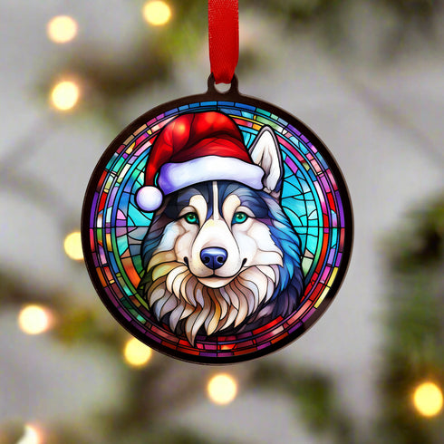 Husky in Santa Hat Suncatcher Decoration